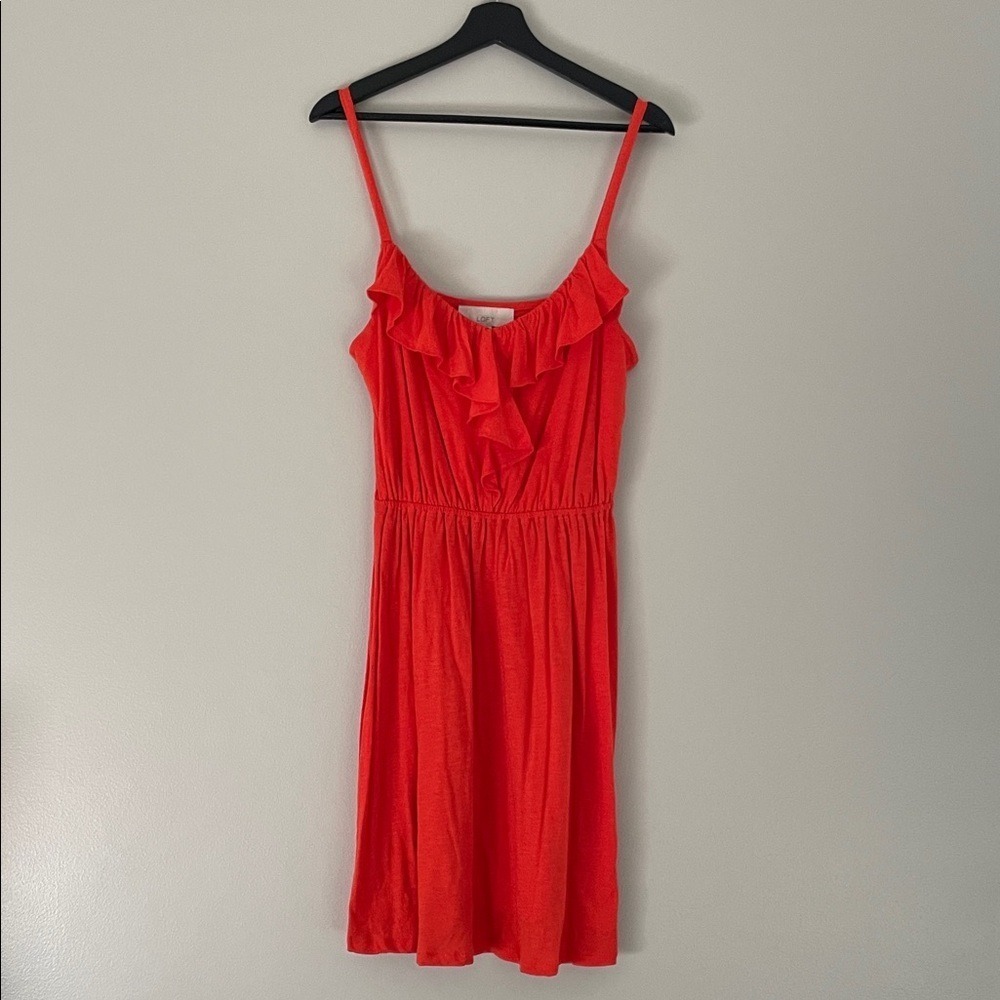 Ann Taylor LOFT Coral Ruffle Front Jersey Knit Spaghetti Strap Mini Dress Medium